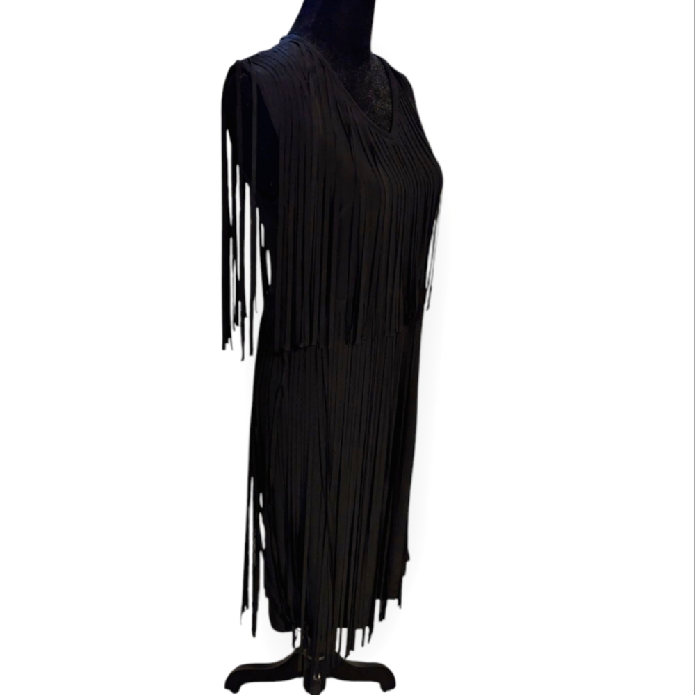 Frank Lyman Black Fringe Sleeveless Dress Flapper Midi Goth XS